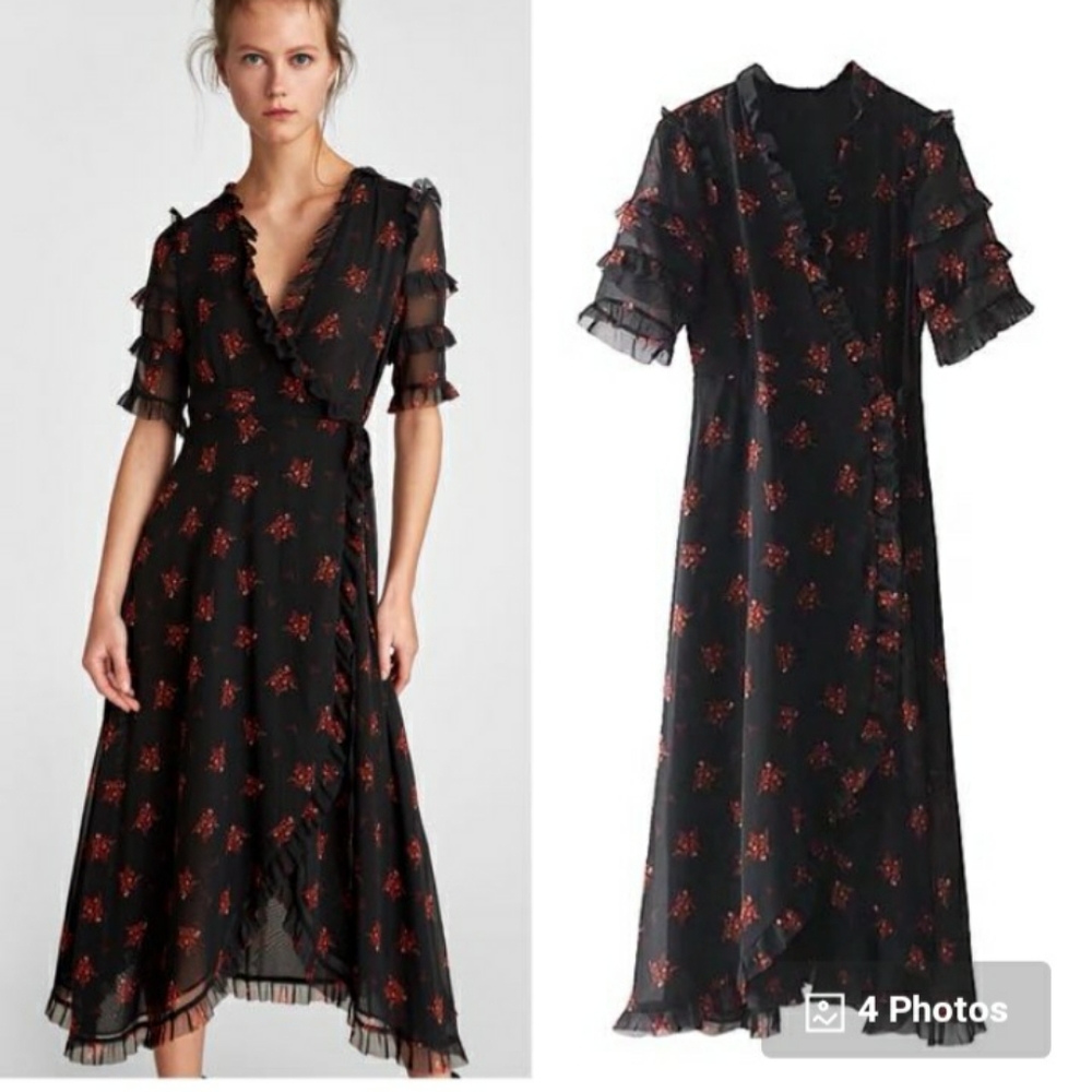 Zara Floral Ruffle Wrap Dress Midi Maxi
